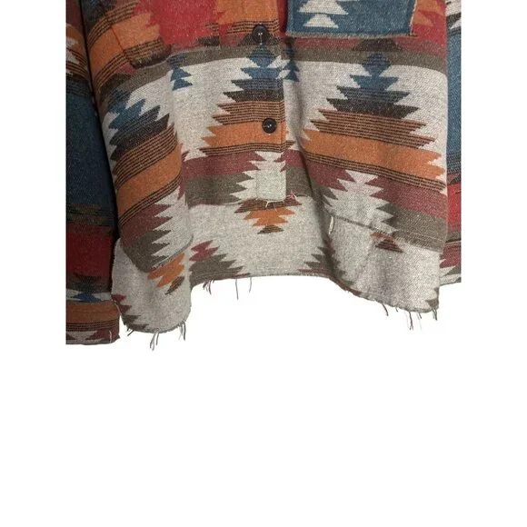 Southwestern Style Button-Down Cropped Jacket With Frayed Hem & Pockets - Picture 6 of 14